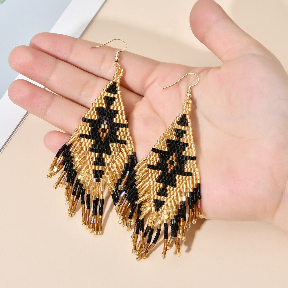 Black gold Earrings Black Beaded Earrings Long Seed Bead earrings Gold bead  | eBay