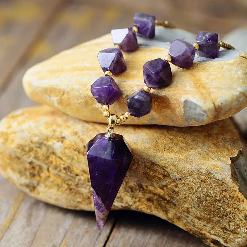 Natural Rough Amethyst crystal Gemstone Leather Cord 18