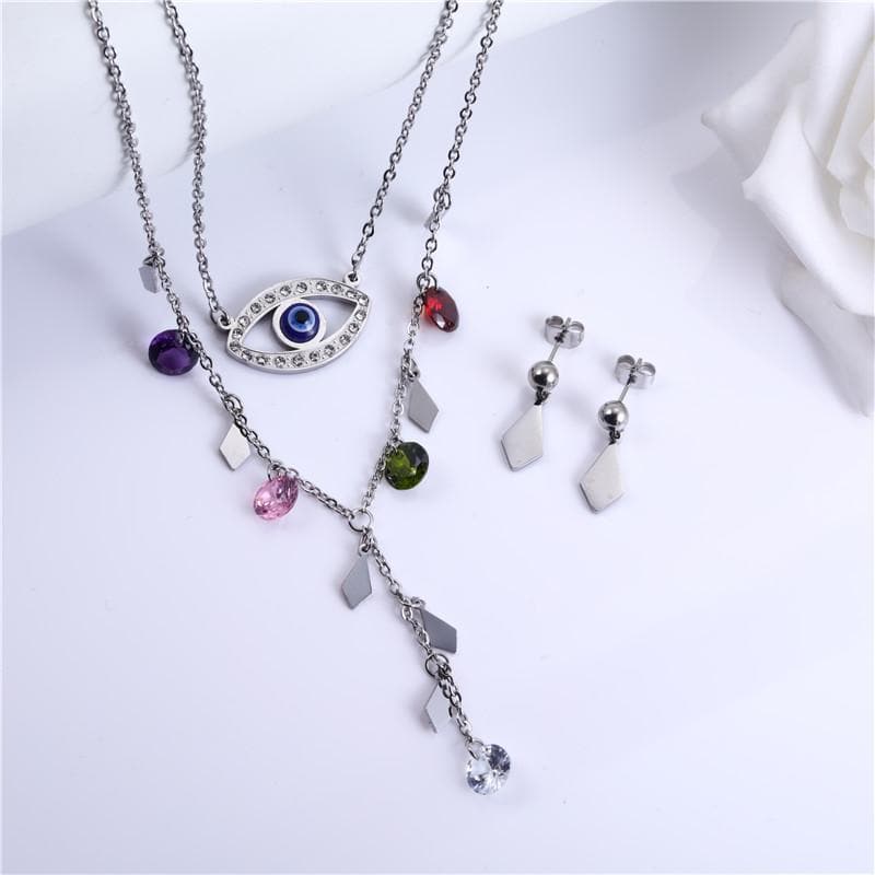 Evil Eye Necklace With Silver Studs Set - Sutra Wear