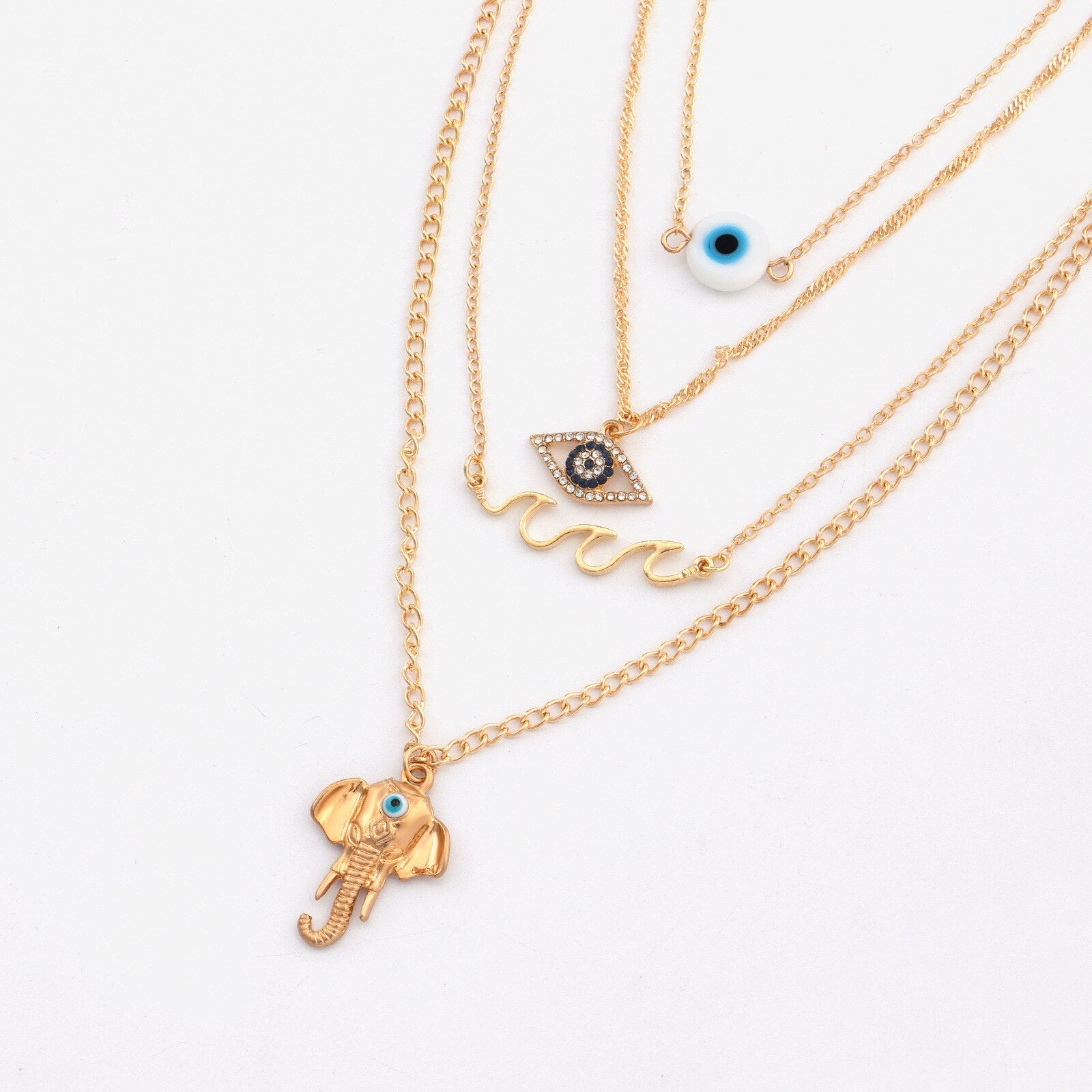 Multi-layer Elephant, Evil Eye and Waves Symbol Necklace | Sutrawear