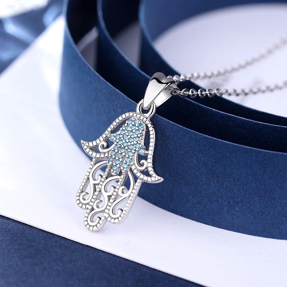 Blue Crystal 925 Sterling Silver Hamsa Hand Necklace - Sutra Wear