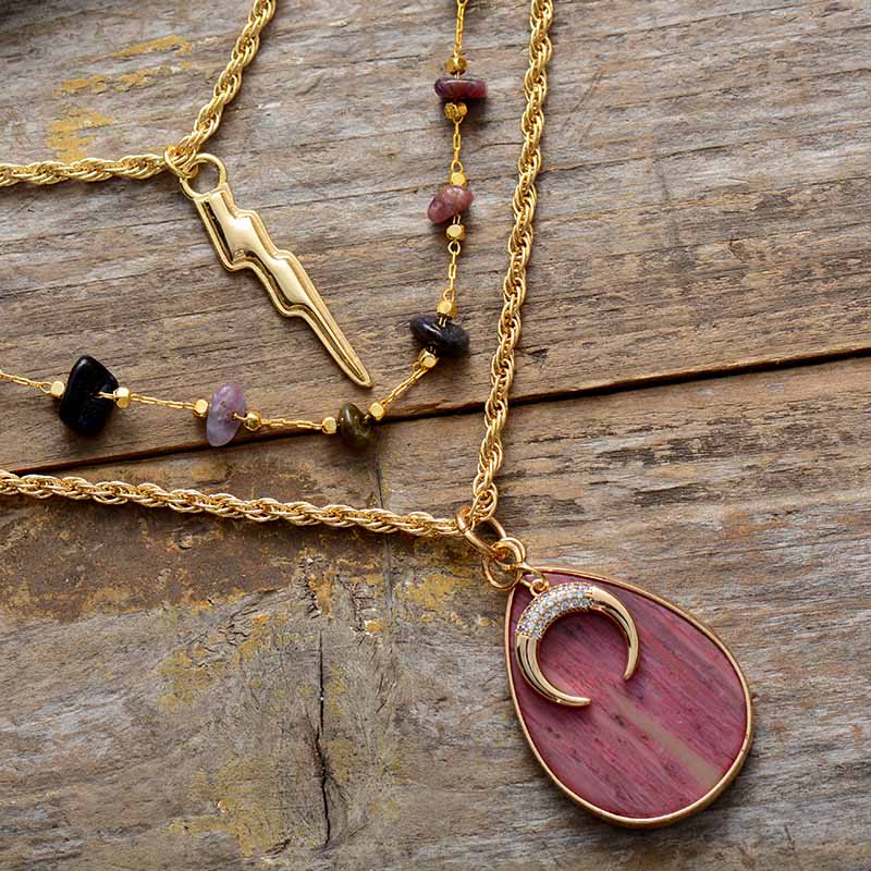 Onyx and Rhodonite Natural Stone Layered Necklace