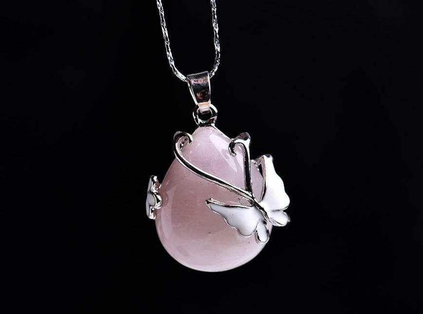 Butterfly Water Drop Rose Quartz Crystal Pendant - Sutra Wear