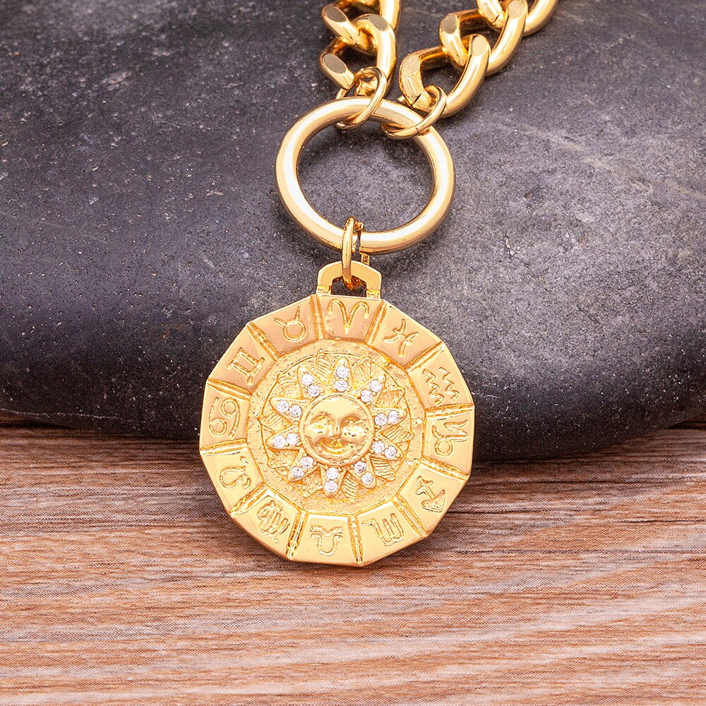 Twelve Zodiac Symbol Sun Pendant Necklace