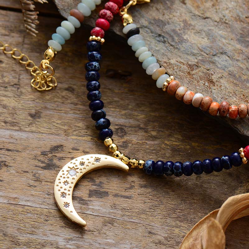 Multicolor Jaspers Beads Necklace with Moon Pendant