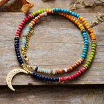 Multicolor Jaspers Beads Necklace with Moon Pendant
